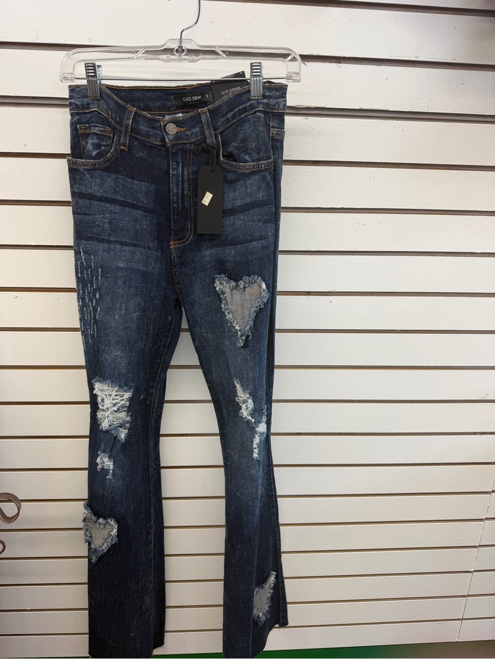 GJG Denim Heart Patch Distressed Flare Jeans Size 9 Dark Wash